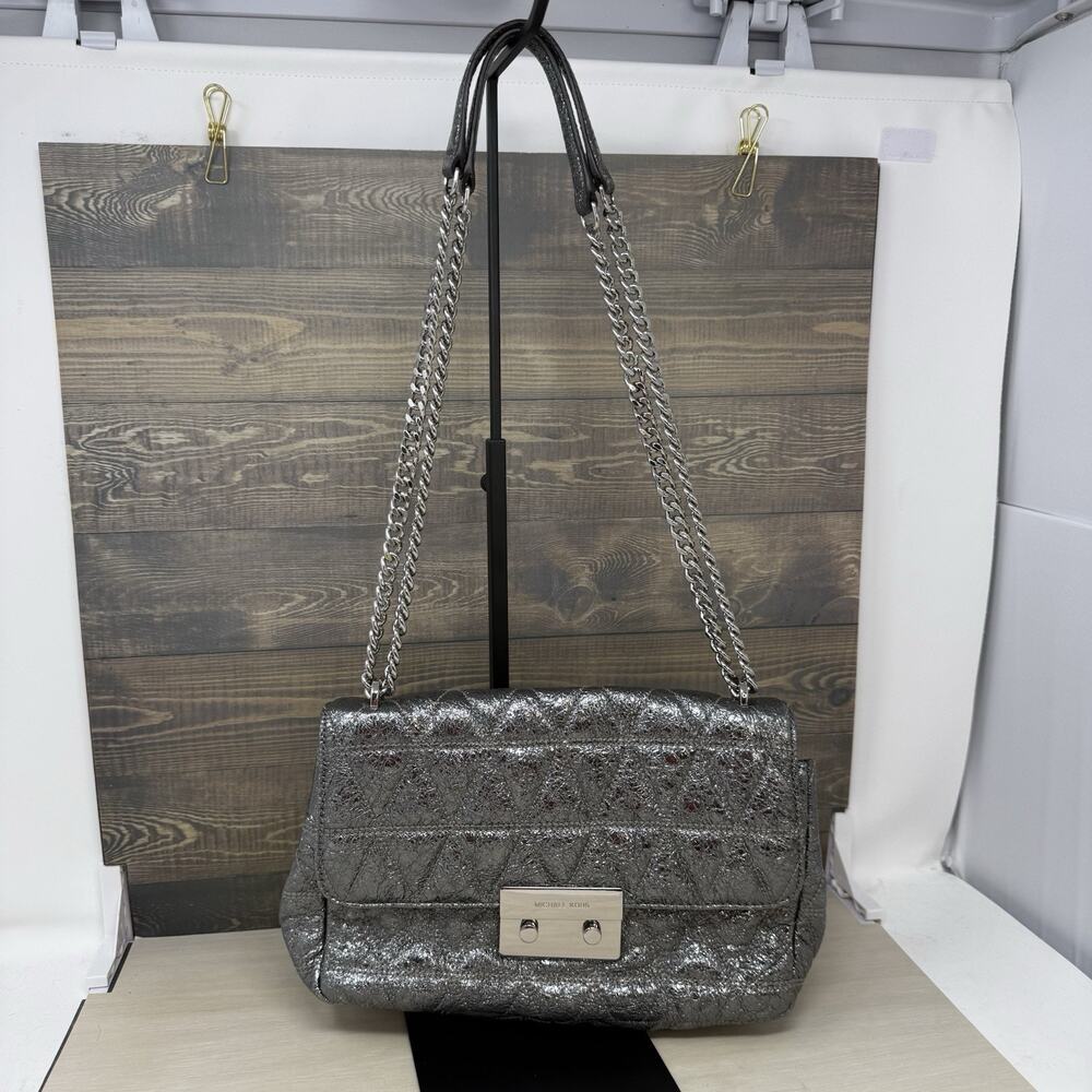 Michael Kors Quilted Sloan Metallic Silver Shoulder Bag Chain Strap